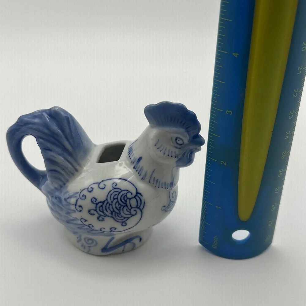 Vintage Blue and White Porcelain Rooster Miniature Creamer Toothpick Holder